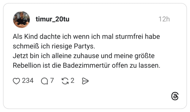 Als Kind dachte ich wenn ich mal sturmfrei habe schmeiß ich riesige Partys. Jetzt bin ich alleine zuhause und meine größte Rebellion ist die Badezimmertür offen zu lassen.