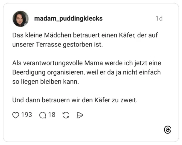 Das kleine Mädchen betrauert einen Käfer, der auf unserer Terrasse gestorben ist. Als verantwortungsvolle Mama werde ich jetzt eine Beerdigung organisieren, weil er da ja nicht einfach so liegen bleiben kann. Und dann betrauern wir den Käfer zu zweit.