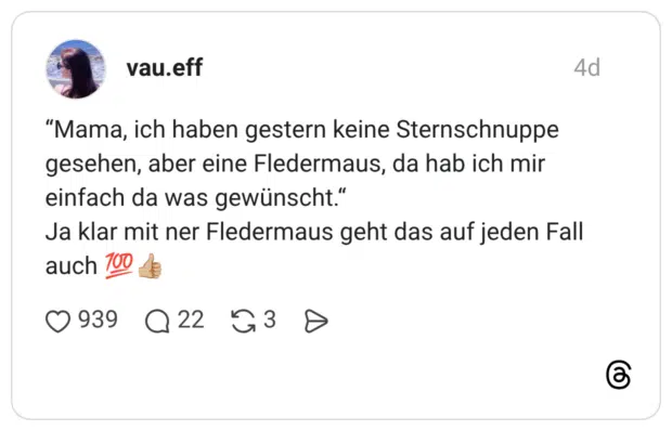"Mama, ich haben gestern keine Sternschnuppe gesehen, aber eine Fledermaus, da hab ich mir einfach da was gewünscht." Ja klar mit ner Fledermaus geht das auf jeden Fall auch