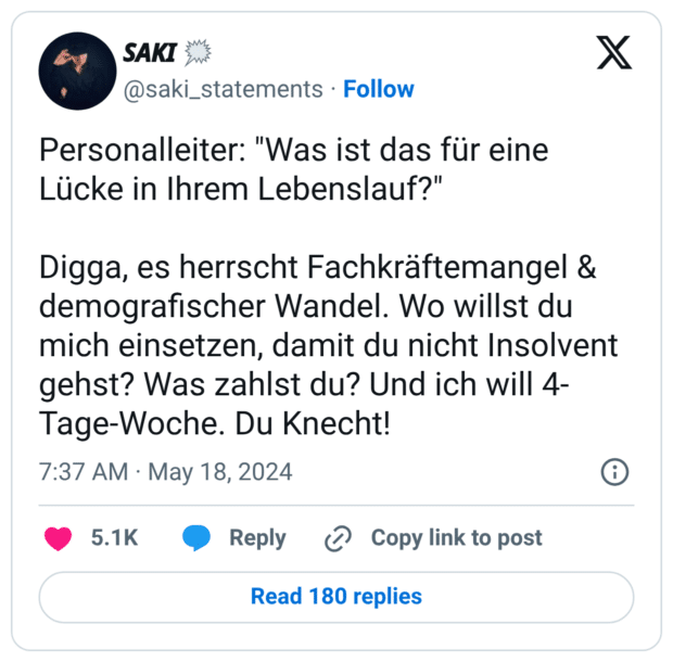 Personalleiter: "Was ist das für eine Lücke in Ihrem Lebenslauf?" Digga, es herrscht Fachkräftemangel & demografischer Wandel. Wo willst du mich einsetzen, damit du nicht Insolvent gehst? Was zahlst du? Und ich will 4-Tage-Woche. Du Knecht!