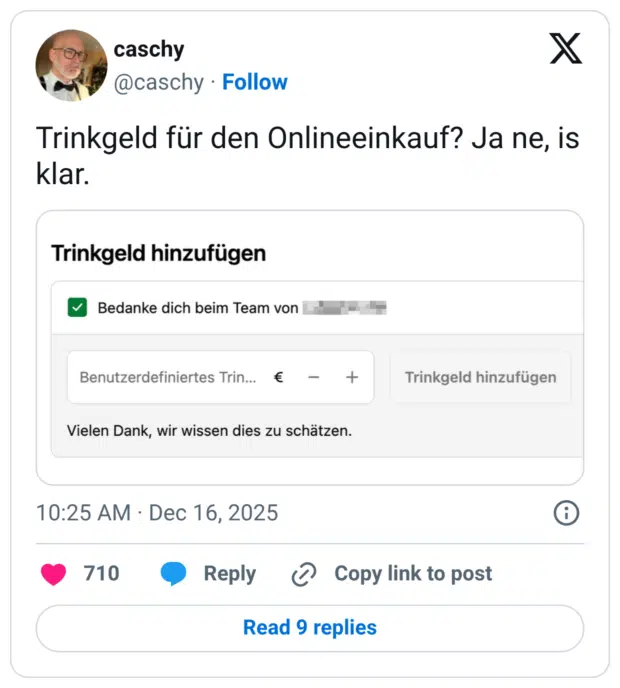 Trinkgeld für den Onlineeinkauf? Ja ne, is klar.