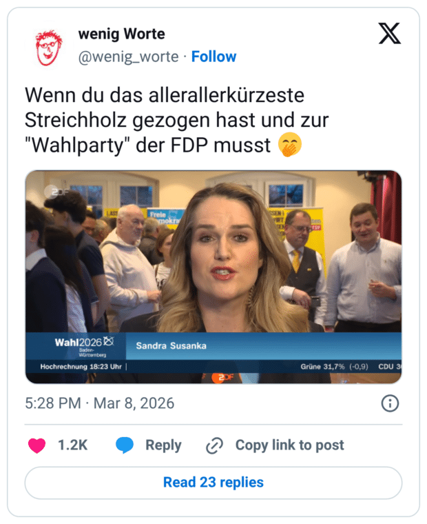 Wenn du das allerallerkürzeste Streichholz gezogen hast und zur "Wahlparty" der FDP musst Wahl2026 B Baden- Württemberg Hochrechnung