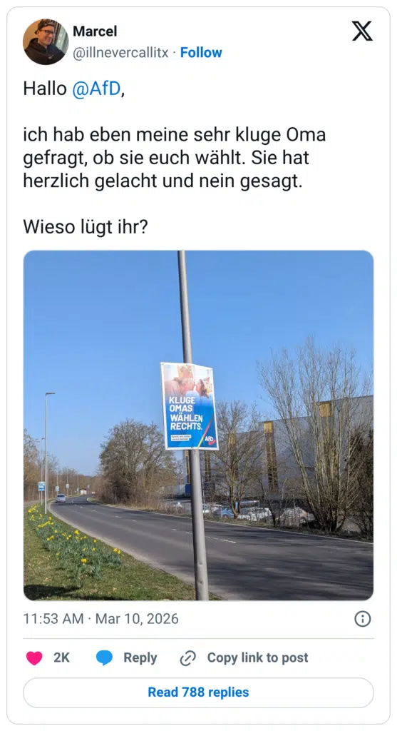 Hallo @AfD, ich hab eben meine sehr kluge Oma gefragt, ob sie euch wählt. Sie hat herzlich gelacht und nein gesagt. Wieso lügt ihr? KLUGE OMAS WÄHLEN RECHTS. AFD.