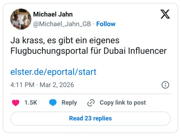 Ja krass, es gibt ein eigenes Flugbuchungsportal für Dubai Influencer elster.de/eportal/start