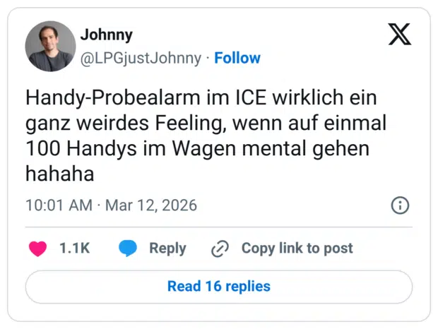 Handy-Probealarm im ICE wirklich ein ganz weirdes Feeling, wenn auf einmal 100 Handys im Wagen mental gehen hahaha