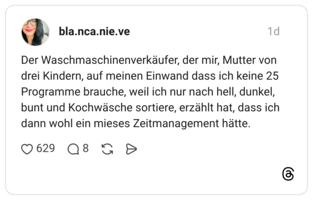 Der Waschmaschinenverkäufer, der mir, Mutter von drei Kindern, auf meinen Einwand dass ich keine 25 Programme brauche, weil ich nur nach hell, dunkel, bunt und Kochwäsche sortiere, erzählt hat, dass ich dann wohl ein mieses Zeitmanagement hätte.