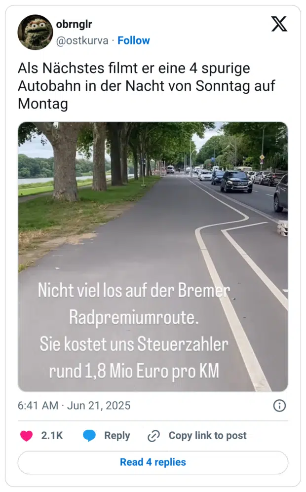 Als Nächstes filmt er eine 4 spurige Autobahn in der Nacht von Sonntag auf Montag