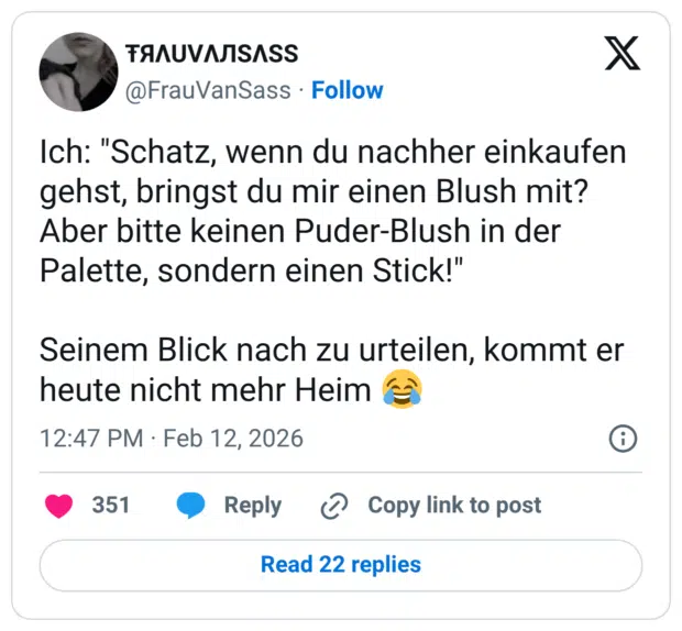 Ich: "Schatz, wenn du nachher einkaufen gehst, bringst du mir einen Blush mit? Aber bitte keinen Puder-Blush in der Palette, sondern einen Stick!" Seinem Blick nach zu urteilen, kommt er heute nicht mehr Heim