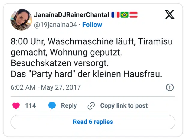 8:00 Uhr, Waschmaschine läuft, Tiramisu gemacht, Wohnung geputzt, Besuchskatzen versorgt. Das "Party hard" der kleinen Hausfrau.