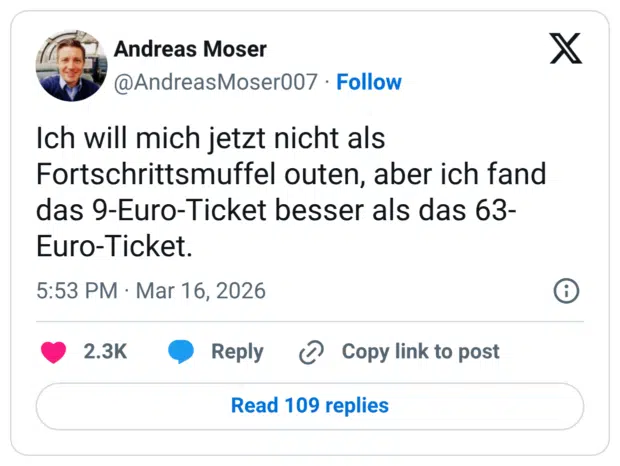 Ich will mich jetzt nicht als Fortschrittsmuffel outen, aber ich fand das 9-Euro-Ticket besser als das 63-Euro-Ticket.