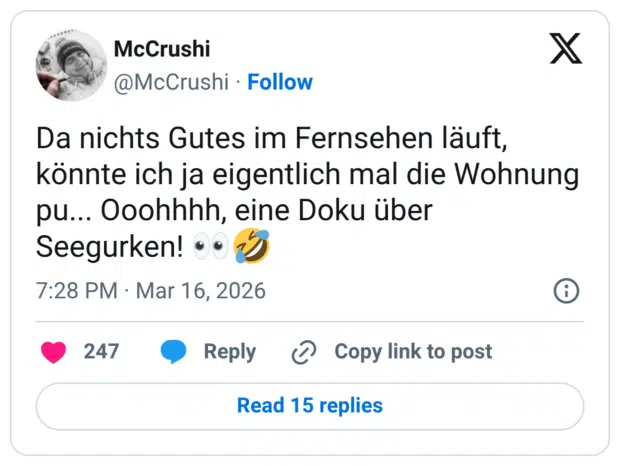 Da nichts Gutes im Fernsehen läuft, könnte ich ja eigentlich mal die Wohnung pu... Ooohhhh, eine Doku über Seegurken! 👀🤣