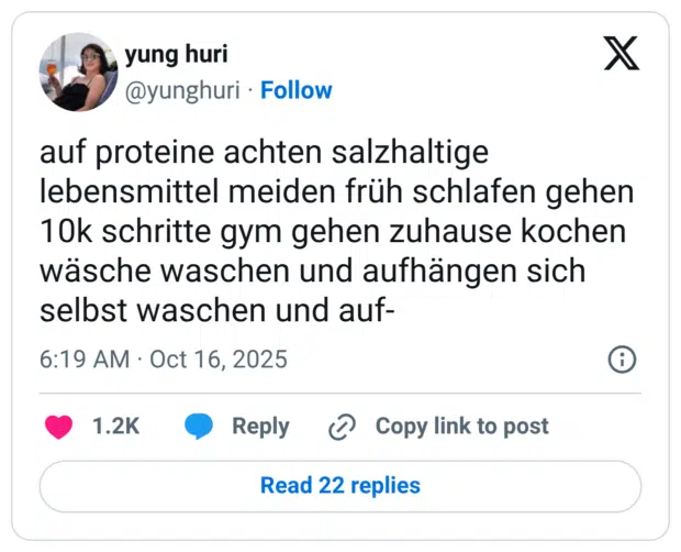 auf proteine achten salzhaltige lebensmittel meiden früh schlafen gehen 10k schritte gym gehen zuhause kochen wäsche waschen und aufhängen sich selbst waschen und auf-