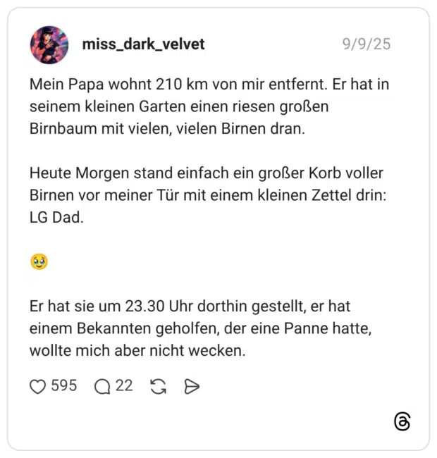 Mein Papa wohnt 210 km von mir entfernt. Er hat in seinem kleinen Garten einen riesen großen Birnbaum mit vielen, vielen Birnen dran. Heute Morgen stand einfach ein großer Korb voller Birnen vor meiner Tür mit einem kleinen Zettel drin: LG Dad. 🥹 Er hat sie um 23.30 Uhr dorthin gestellt, er hat einem Bekannten geholfen, der eine Panne hatte, wollte mich aber nicht wecken.
