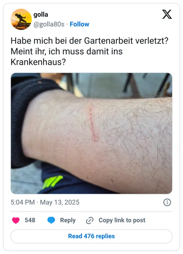 Habe mich bei der Gartenarbeit verletzt? Meint ihr, ich muss damit ins Krankenhaus?