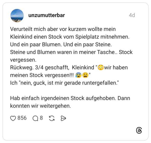 Verurteilt mich aber vor kurzem wollte mein Kleinkind einen Stock vom Spielplatz mitnehmen. Und ein paar Blumen. Und ein paar Steine. Steine und Blumen waren in meiner Tasche.. Stock vergessen. Rückweg. 3/4 geschafft, Kleinkind "😳wir haben meinen Stock vergessen!!! 😰😩" Ich "nein, guck, ist mir gerade runtergefallen." Hab einfach irgendeinen Stock aufgehoben. Dann konnten wir weitergehen.