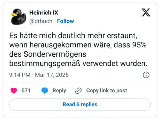 Es hätte mich deutlich mehr erstaunt, wenn herausgekommen wäre, dass 95% des Sondervermögens bestimmungsgemäß verwendet wurden.