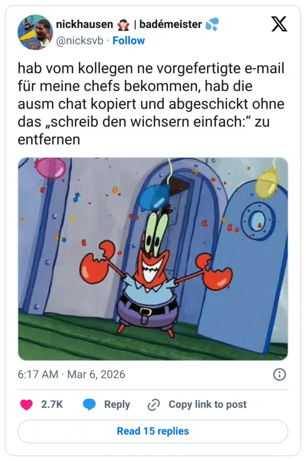 hab vom kollegen ne vorgefertigte e-mail für meine chefs bekommen, hab die ausm chat kopiert und abgeschickt ohne das „schreib den wichsern einfach:“ zu entfernen