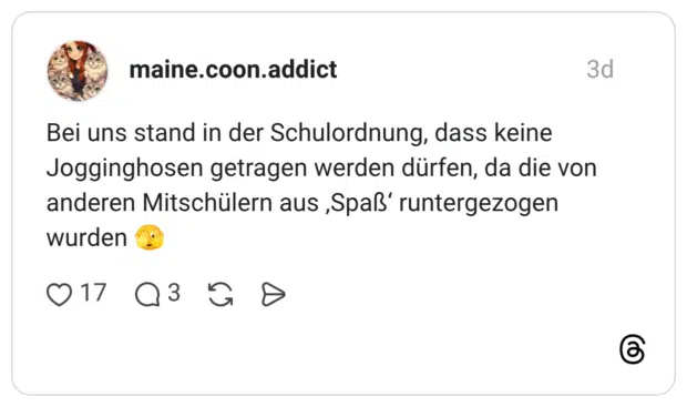Bei uns stand in der Schulordnung, dass keine Jogginghosen getragen werden dürfen, da die von anderen Mitschülern aus, Spaß' runtergezogen wurden