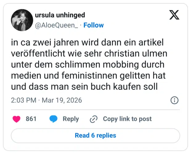 in ca zwei jahren wird dann ein artikel veröffentlicht wie sehr christian ulmen unter dem schlimmen mobbing durch medien und feministinnen gelitten hat und dass man sein buch kaufen soll