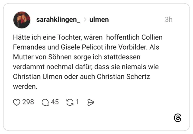 Hätte ich eine Tochter, wären hoffentlich Collien Fernandes und Gisele Pelicot ihre Vorbilder. Als Mutter von Söhnen sorge ich stattdessen verdammt nochmal dafür, dass sie niemals wie Christian Ulmen oder auch Christian Schertz werden.