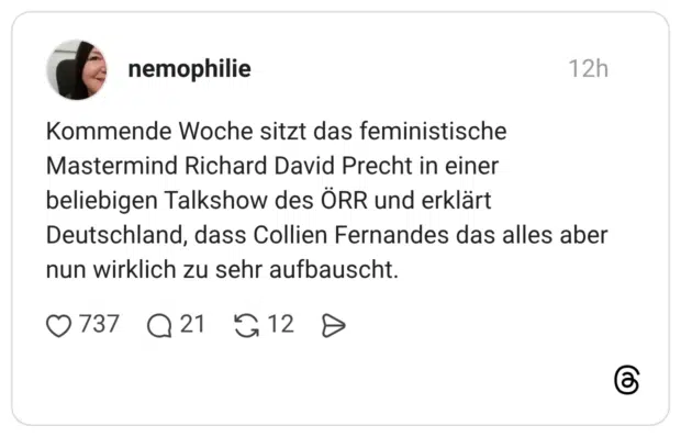 Kommende Woche sitzt das feministische Mastermind Richard David Precht in einer beliebigen Talkshow des ÖRR und erklärt Deutschland, dass Collien Fernandes das alles aber nun wirklich zu sehr aufbauscht.