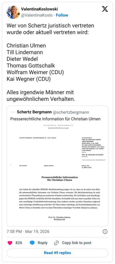 Wer von Schertz juristisch vertreten wurde oder aktuell vertreten wird: Christian Ulmen Till Lindemann Dieter Wedel Thomas Gottschalk Wolfram Weimer (CDU) Kai Wegner (CDU) Alles irgendwie Männer mit ungewöhnlichem Verhalten.