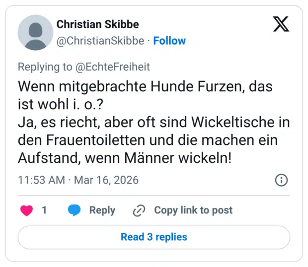 Wenn mitgebrachte Hunde Furzen, das ist wohl i. o.? Ja, es riecht, aber oft sind Wickeltische in den Frauentoiletten und die machen ein Aufstand, wenn Männer wickeln!