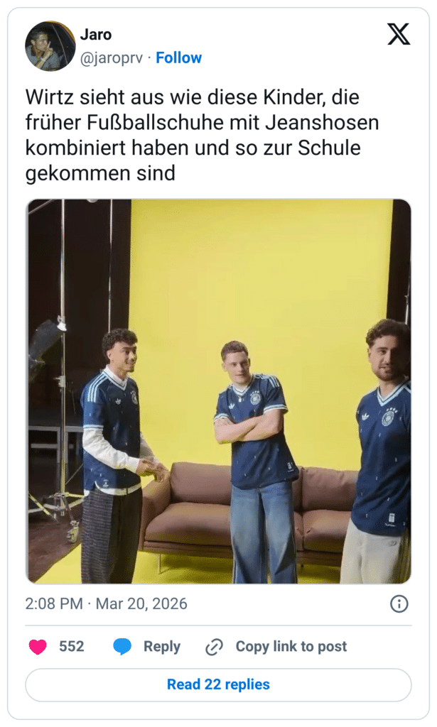 Wirtz sieht aus wie diese Kinder, die früher Fußballschuhe mit Jeanshosen kombiniert haben und so zur Schule gekommen sind