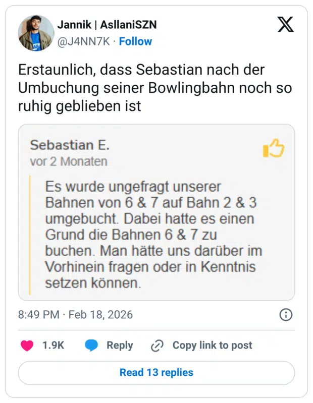 Erstaunlich, dass Sebastian nach der Umbuchung seiner Bowlingbahn noch so ruhig geblieben ist