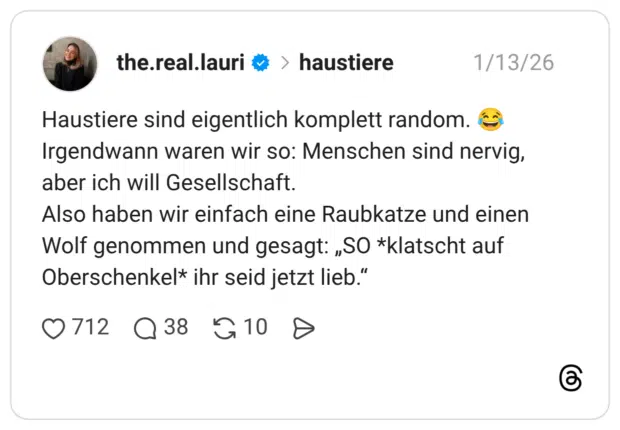 Haustiere sind eigentlich komplett random. 😂 Irgendwann waren wir so: Menschen sind nervig, aber ich will Gesellschaft. Also haben wir einfach eine Raubkatze und einen Wolf genommen und gesagt: „SO *klatscht auf Oberschenkel* ihr seid jetzt lieb.“