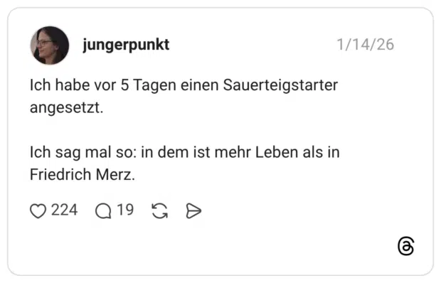 Ich habe vor 5 Tagen einen Sauerteigstarter angesetzt. Ich sag mal so: in dem ist mehr Leben als in Friedrich Merz.
