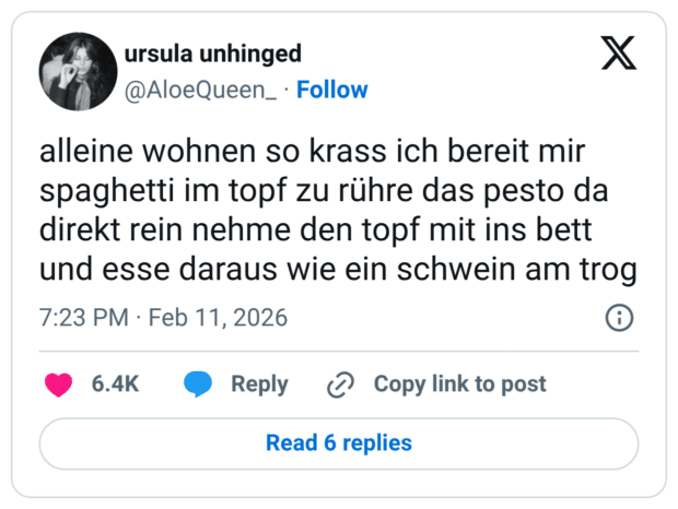 alleine wohnen so krass ich bereit mir spaghetti im topf zu rühre das pesto da direkt rein nehme den topf mit ins bett und esse daraus wie ein schwein am trog