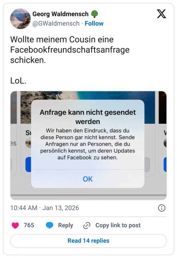 Wollte meinem Cousin eine Facebookfreundschaftsanfrage schicken.