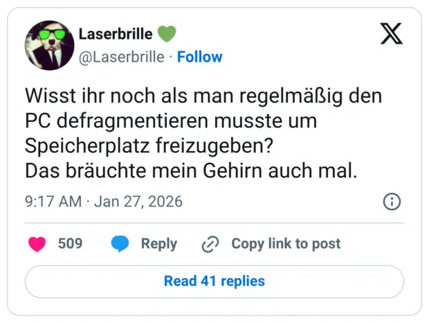 Wisst ihr noch als man regelmäßig den PC defragmentieren musste um Speicherplatz freizugeben? Das bräuchte mein Gehirn auch mal.