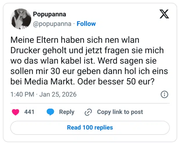 Meine Eltern haben sich nen wlan Drucker geholt und jetzt fragen sie mich wo das wlan kabel ist. Werd sagen sie sollen mir 30 eur geben dann hol ich eins bei Media Markt. Oder besser 50 eur?