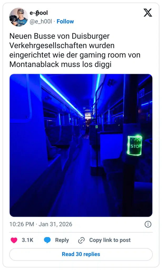 Neuen Busse von Duisburger Verkehrgesellschaften wurden eingerichtet wie der gaming room von Montanablack muss los diggi