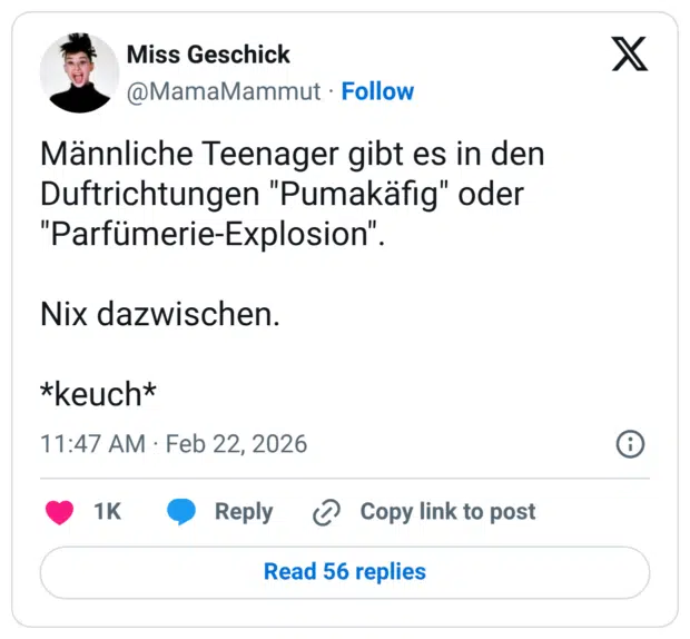 Männliche Teenager gibt es in den Duftrichtungen "Pumakäfig" oder "Parfümerie-Explosion". Nix dazwischen. *keuch*