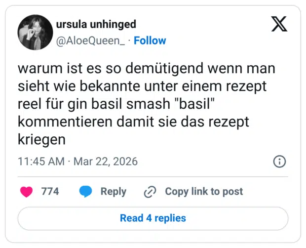 warum ist es so demütigend wenn man sieht wie bekannte unter einem rezept reel für gin basil smash "basil" kommentieren damit sie das rezept kriegen