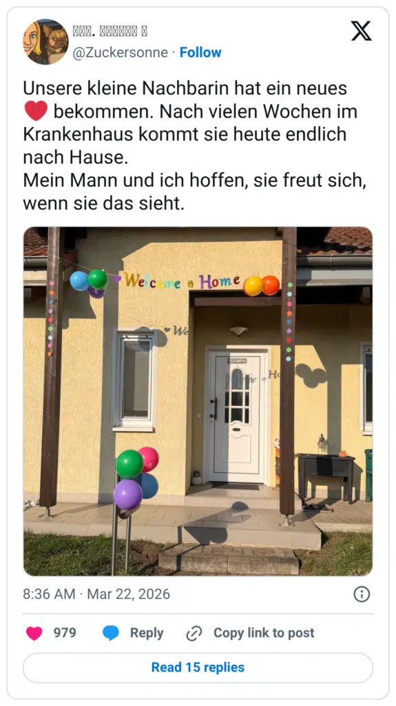 Unsere kleine Nachbarin hat ein neues ❤️ bekommen. Nach vielen Wochen im Krankenhaus kommt sie heute endlich nach Hause. Mein Mann und ich hoffen, sie freut sich, wenn sie das sieht.