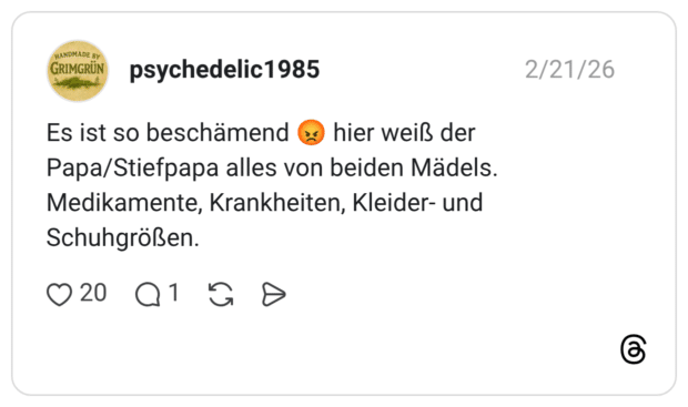 Es ist so beschämend es hier weiß der Papa/Stiefpapa alles von beiden Mädels. Medikamente, Krankheiten, Kleider- und Schuhgrößen.