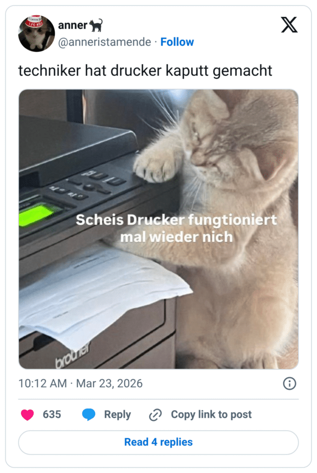 techniker hat drucker kaputt gemacht