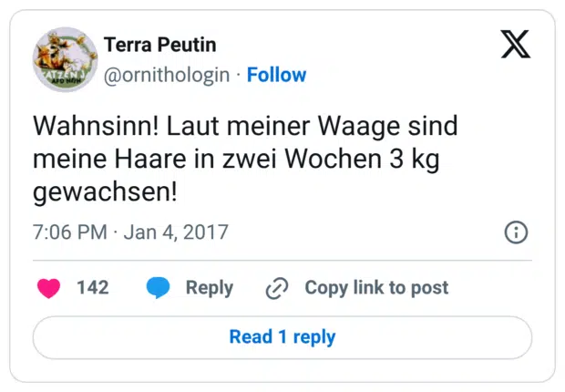 Wahnsinn! Laut meiner Waage sind meine Haare in zwei Wochen 3 kg gewachsen!