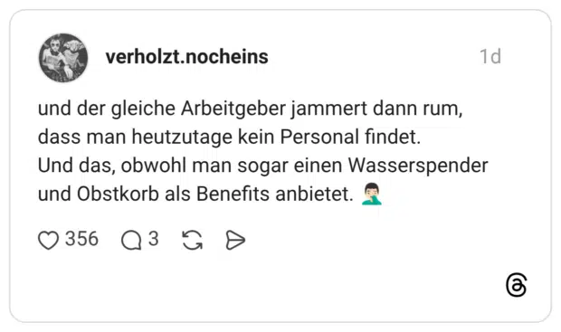 und der gleiche Arbeitgeber jammert dann rum, dass man heutzutage kein Personal findet. Und das, obwohl man sogar einen Wasserspender und Obstkorb als Benefits anbietet. 🤦🏻♂️