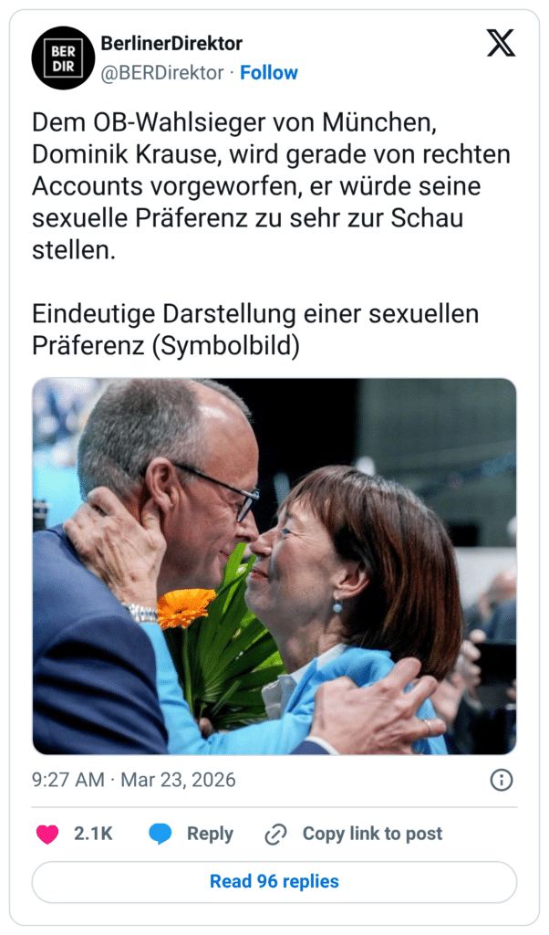 Dem OB-Wahlsieger von München, Dominik Krause, wird gerade von rechten Accounts vorgeworfen, er würde seine sexuelle Präferenz zu sehr zur Schau stellen. Eindeutige Darstellung einer sexuellen Präferenz (Symbolbild)