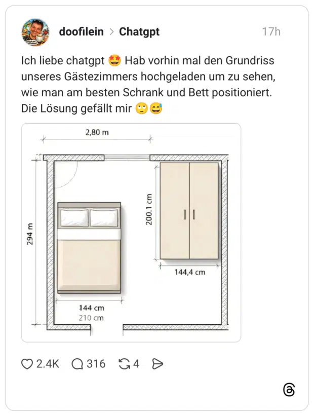 Ich liebe chatgpt unseres Gästezimmers hochgeladen um zu sehen, wie man am besten Schrank und Bett positioniert. Die Lösung gefällt mir