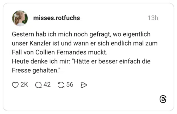 Gestern hab ich mich noch gefragt, wo eigentlich unser Kanzler ist und wann er sich endlich mal zum Fall von Collien Fernandes muckt. Heute denke ich mir: "Hätte er besser einfach die Fresse gehalten."