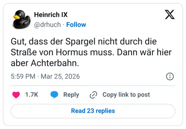 Gut, dass der Spargel nicht durch die Straße von Hormus muss. Dann wär hier aber Achterbahn.