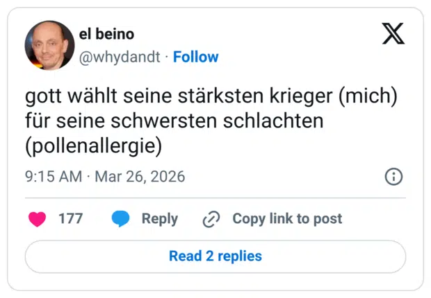 gott wählt seine stärksten krieger (mich) für seine schwersten schlachten (pollenallergie)