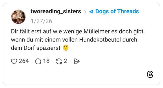 Dir fällt erst auf wie wenige Mülleimer es doch gibt wenn du mit einem vollen Hundekotbeutel durch dein Dorf spazierst