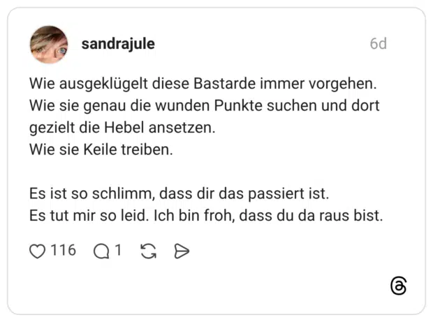 Wie ausgeklügelt diese Bastarde immer vorgehen. Wie sie genau die wunden Punkte suchen und dort gezielt die Hebel ansetzen. Wie sie Keile treiben. Es ist so schlimm, dass dir das passiert ist. Es tut mir so leid. Ich bin froh, dass du da raus bist.